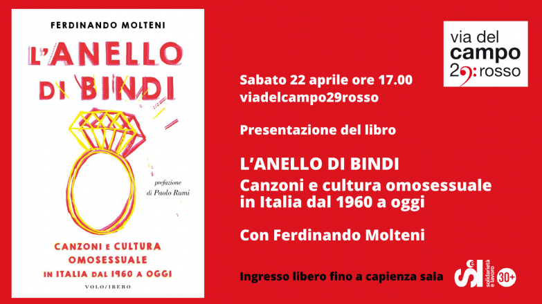 in viadelcampo29rosso presentazione in anteprima nazionale del volume l’anello di bindi – canzoni e cultura omosessuale in italia dal 1960 ad oggi, di ferdinando molteni